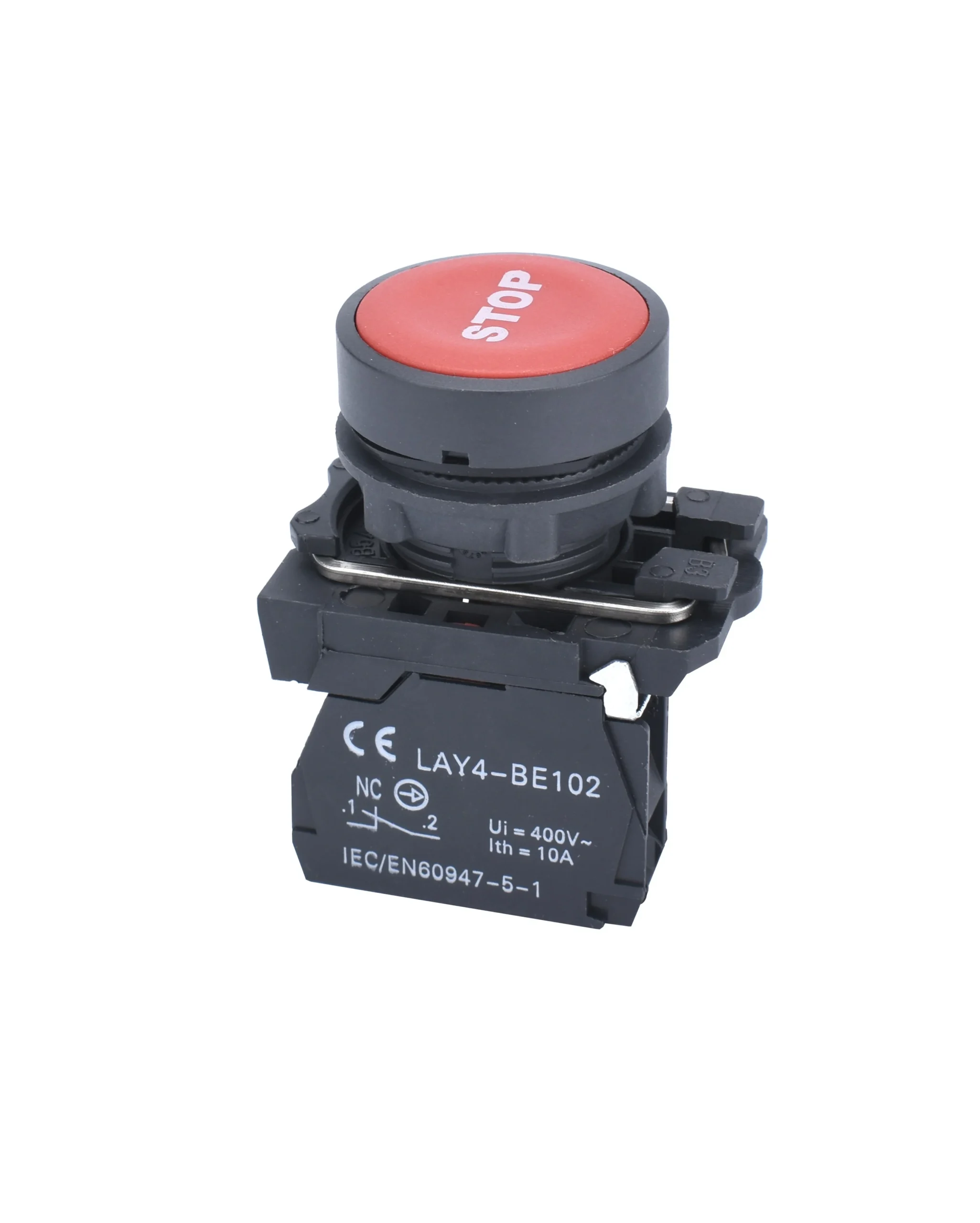 22mm Push Button Red Stop Text 1NC Plastic Bezel