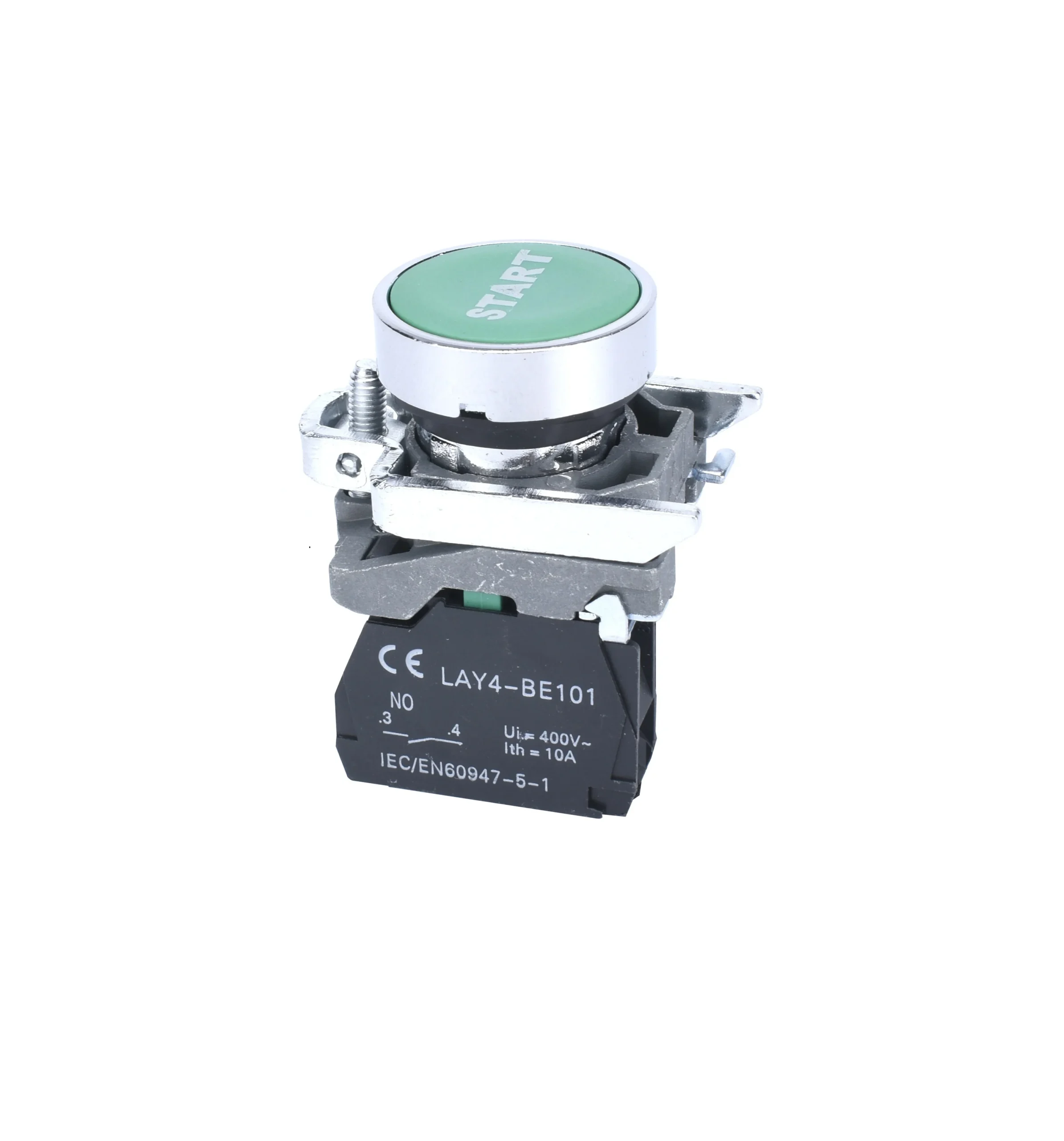 22mm Push Button Green Start Text 1NO Metal Bezel